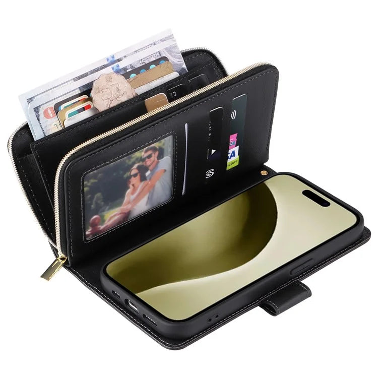 For iPhone 16 Pro Case PU Leather Zipper Phone Cover with 9 Card Slots