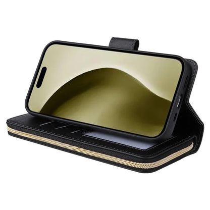For iPhone 16 Pro Case PU Leather Zipper Phone Cover with 9 Card Slots