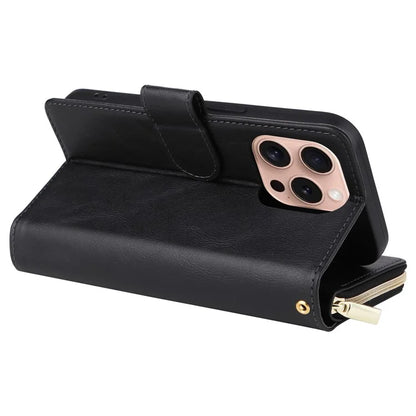For iPhone 16 Pro Case PU Leather Zipper Phone Cover with 9 Card Slots