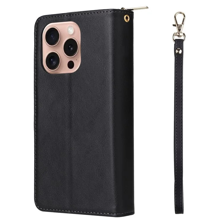 For iPhone 16 Pro Case PU Leather Zipper Phone Cover with 9 Card Slots