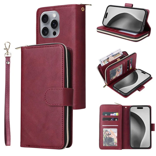 For iPhone 16 Pro Max Case Zipper Leather Phone Cover 9 Card Slots