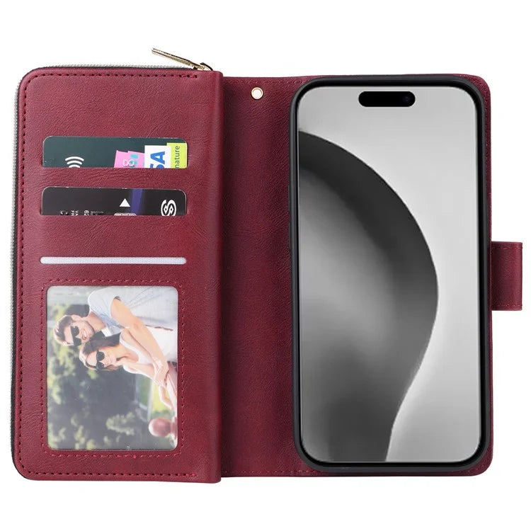 For iPhone 16 Pro Max Case Zipper Leather Phone Cover 9 Card Slots