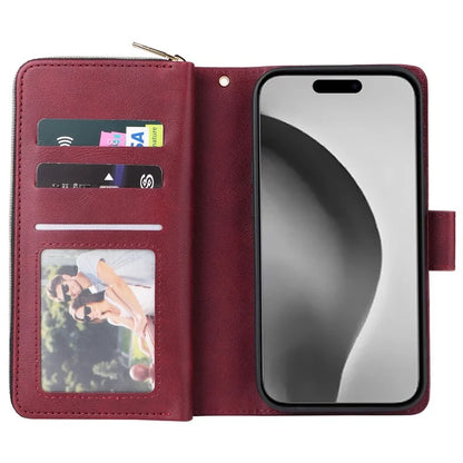 For iPhone 16 Pro Max Case Zipper Leather Phone Cover 9 Card Slots