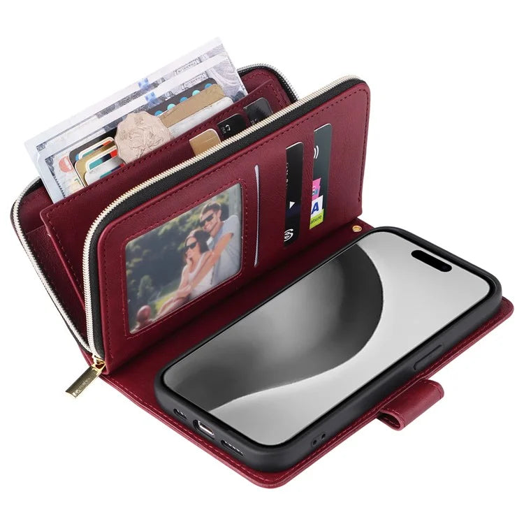 For iPhone 16 Pro Max Case Zipper Leather Phone Cover 9 Card Slots