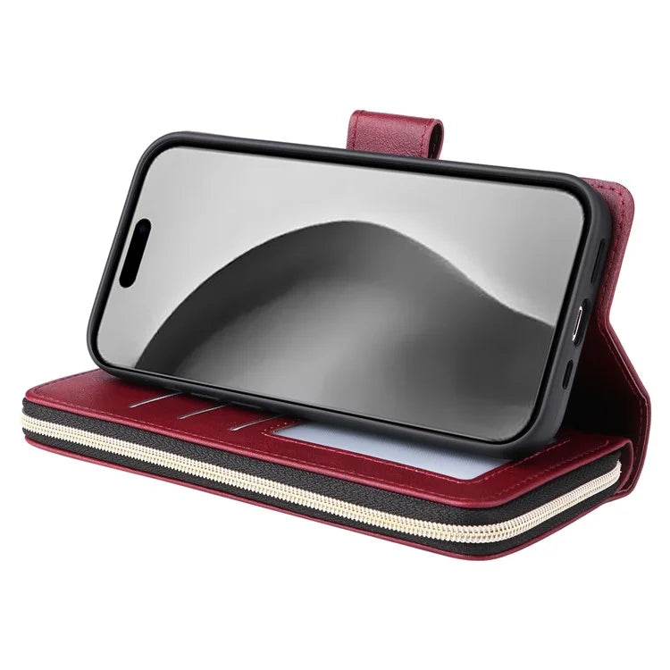 For iPhone 16 Pro Max Case Zipper Leather Phone Cover 9 Card Slots