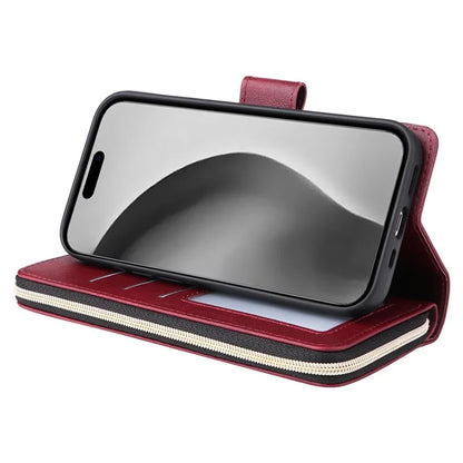 For iPhone 16 Pro Max Case Zipper Leather Phone Cover 9 Card Slots