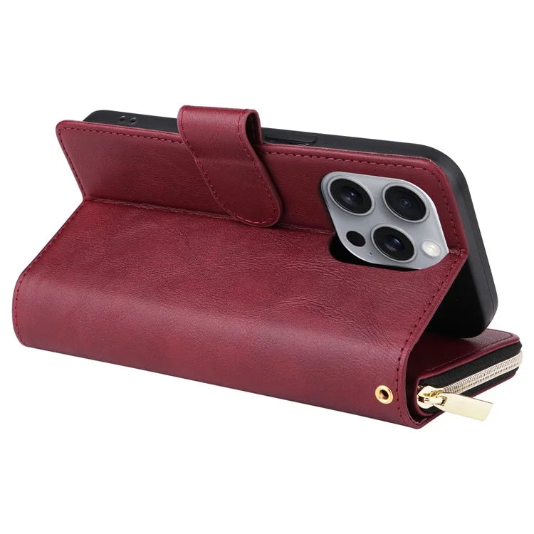 For iPhone 16 Pro Max Case Zipper Leather Phone Cover 9 Card Slots