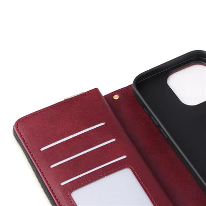 For iPhone 16 Pro Max Case Zipper Leather Phone Cover 9 Card Slots