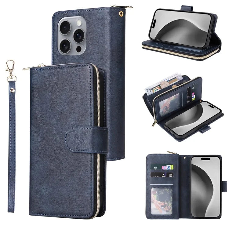 For iPhone 16 Pro Max Case Zipper Leather Phone Cover 9 Card Slots