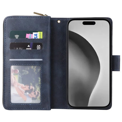 For iPhone 16 Pro Max Case Zipper Leather Phone Cover 9 Card Slots