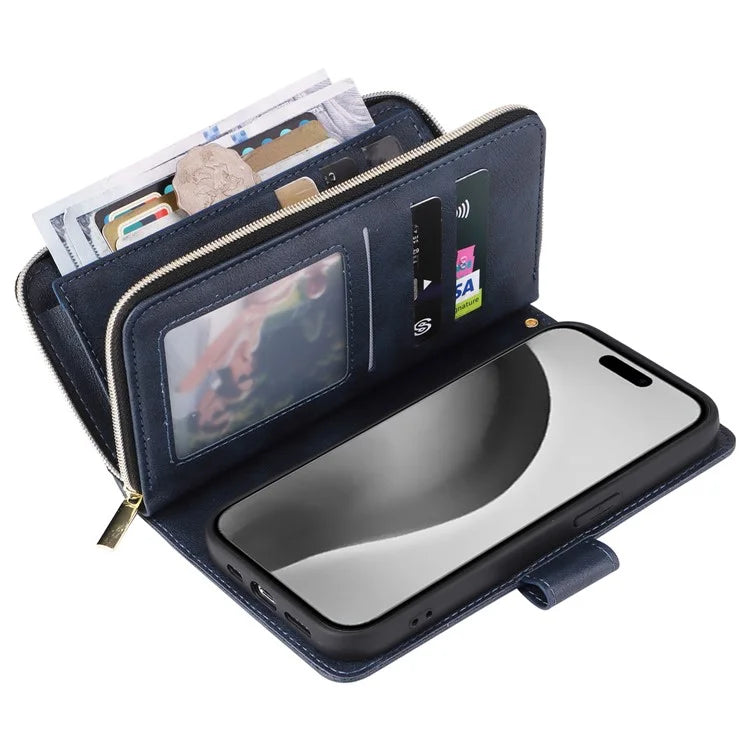 For iPhone 16 Pro Max Case Zipper Leather Phone Cover 9 Card Slots