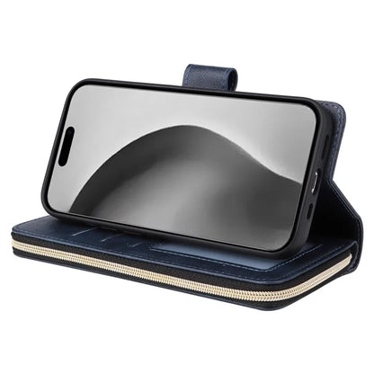 For iPhone 16 Pro Max Case Zipper Leather Phone Cover 9 Card Slots