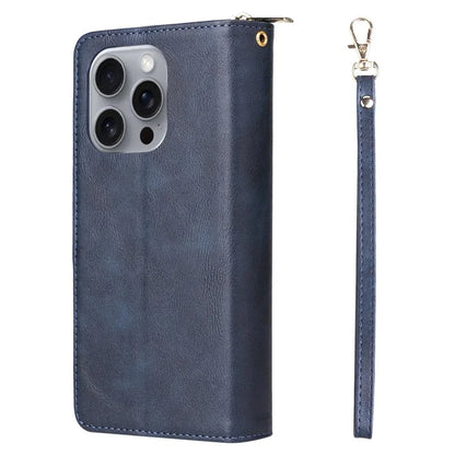 For iPhone 16 Pro Max Case Zipper Leather Phone Cover 9 Card Slots