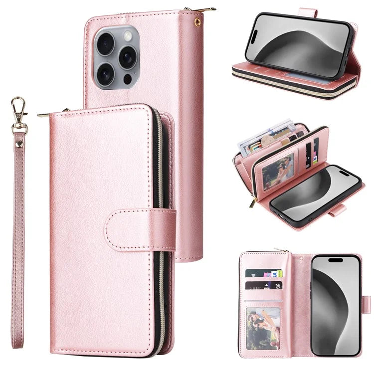 For iPhone 16 Pro Max Case Zipper Leather Phone Cover 9 Card Slots