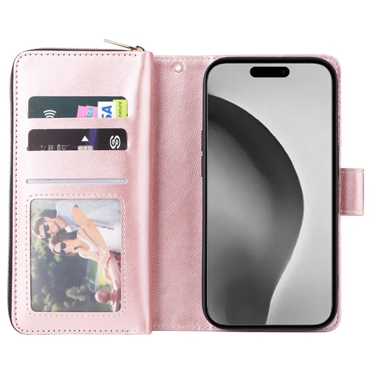 For iPhone 16 Pro Max Case Zipper Leather Phone Cover 9 Card Slots