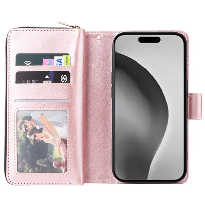 For iPhone 16 Pro Max Case Zipper Leather Phone Cover 9 Card Slots
