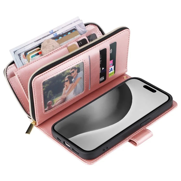 For iPhone 16 Pro Max Case Zipper Leather Phone Cover 9 Card Slots
