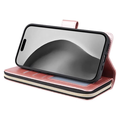 For iPhone 16 Pro Max Case Zipper Leather Phone Cover 9 Card Slots