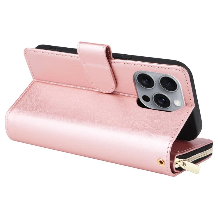 For iPhone 16 Pro Max Case Zipper Leather Phone Cover 9 Card Slots