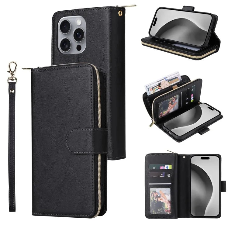 For iPhone 16 Pro Max Case Zipper Leather Phone Cover 9 Card Slots