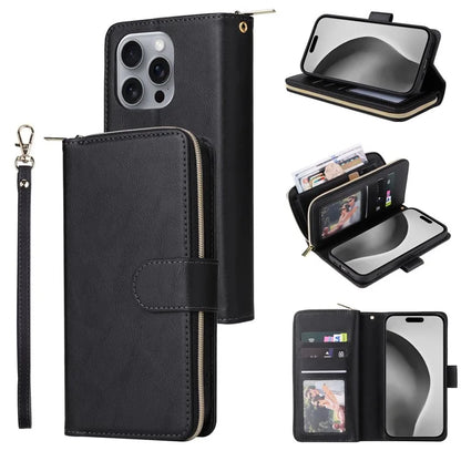 For iPhone 16 Pro Max Case Zipper Leather Phone Cover 9 Card Slots
