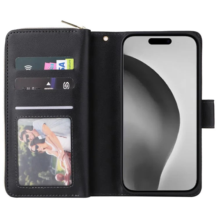 For iPhone 16 Pro Max Case Zipper Leather Phone Cover 9 Card Slots