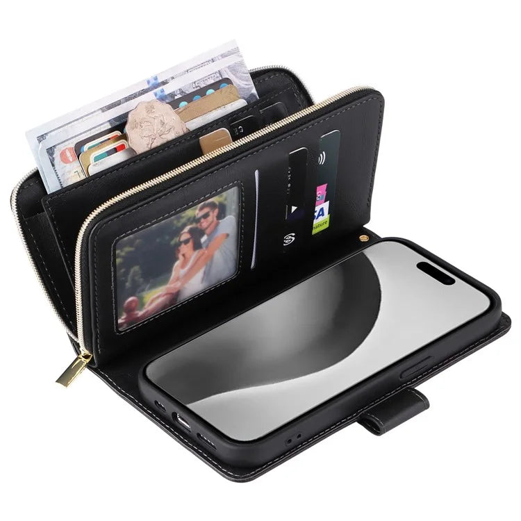 For iPhone 16 Pro Max Case Zipper Leather Phone Cover 9 Card Slots