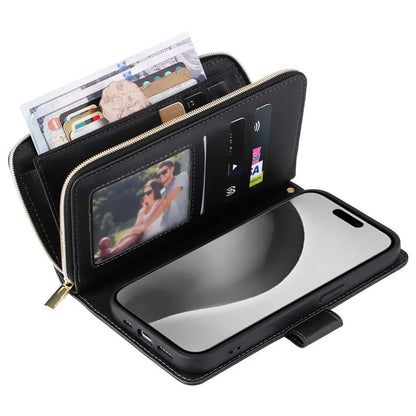 For iPhone 16 Pro Max Case Zipper Leather Phone Cover 9 Card Slots