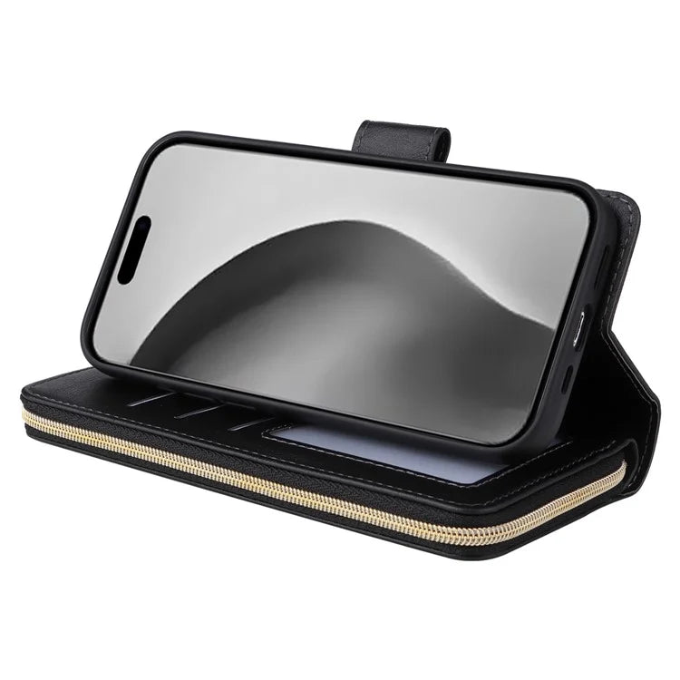 For iPhone 16 Pro Max Case Zipper Leather Phone Cover 9 Card Slots