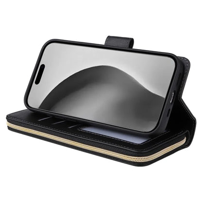 For iPhone 16 Pro Max Case Zipper Leather Phone Cover 9 Card Slots