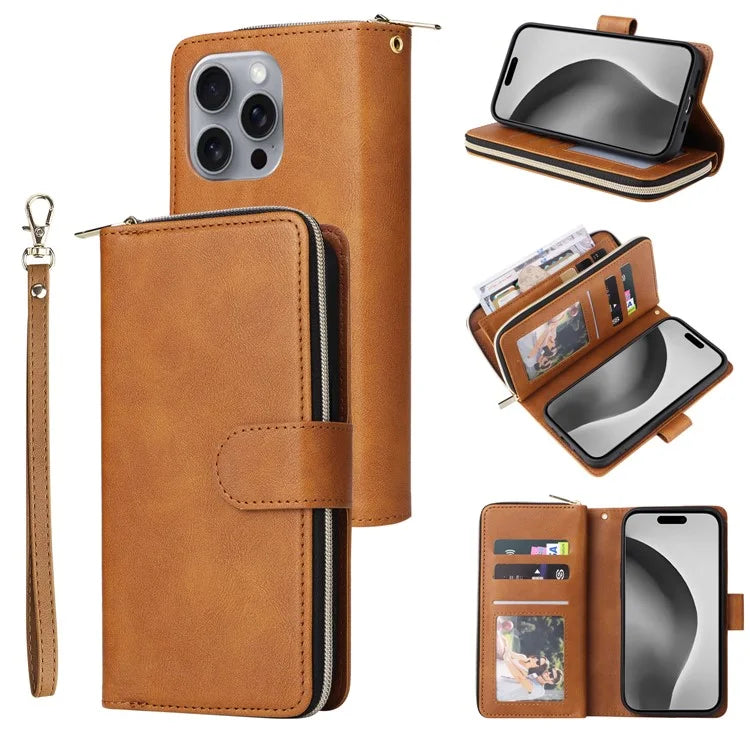 For iPhone 16 Pro Max Case Zipper Leather Phone Cover 9 Card Slots