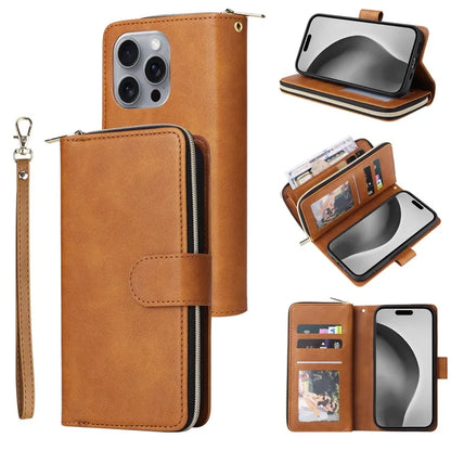 For iPhone 16 Pro Max Case Zipper Leather Phone Cover 9 Card Slots