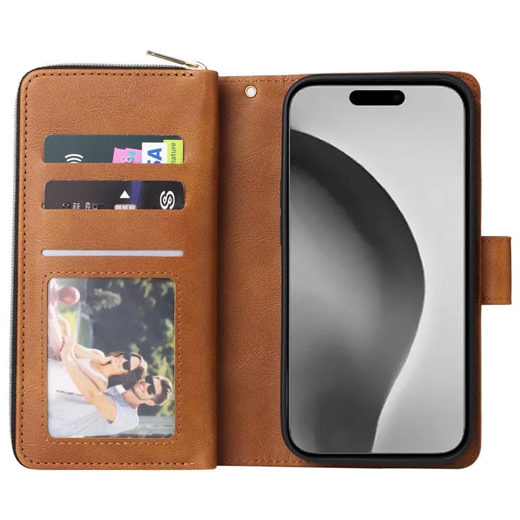 For iPhone 16 Pro Max Case Zipper Leather Phone Cover 9 Card Slots