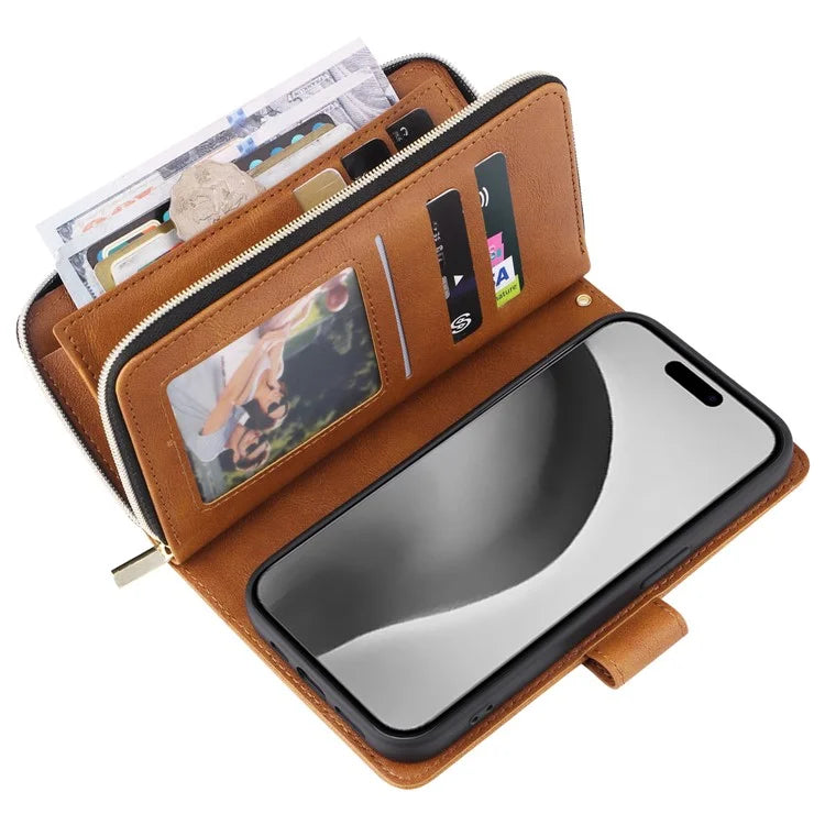 For iPhone 16 Pro Max Case Zipper Leather Phone Cover 9 Card Slots