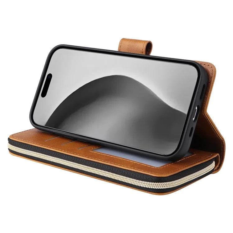 For iPhone 16 Pro Max Case Zipper Leather Phone Cover 9 Card Slots
