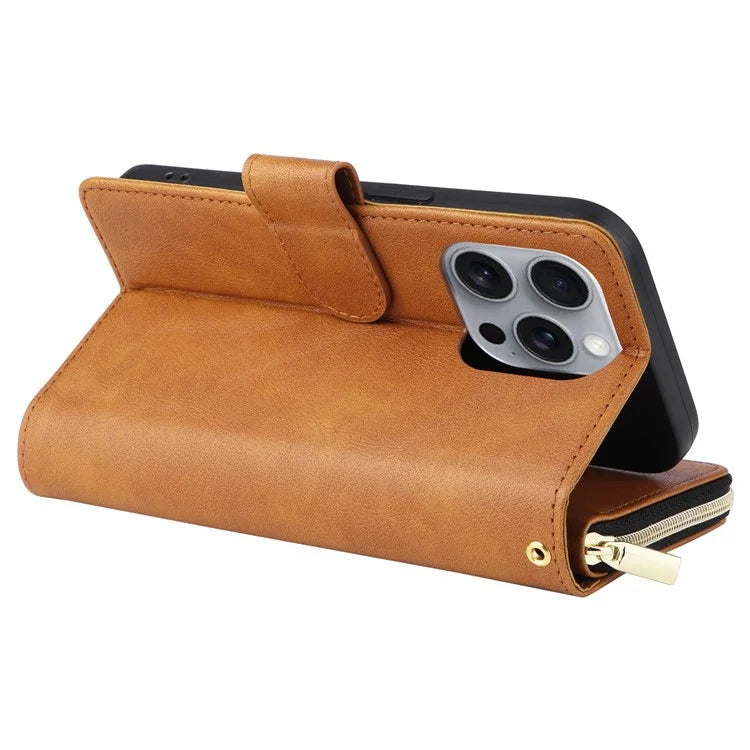 For iPhone 16 Pro Max Case Zipper Leather Phone Cover 9 Card Slots