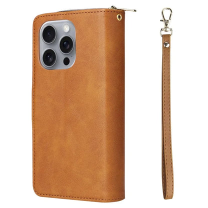 For iPhone 16 Pro Max Case Zipper Leather Phone Cover 9 Card Slots