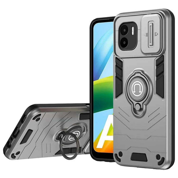 For Xiaomi Redmi A1 4G / A2 4G Case Slide Lens Lid Anti-Fall TPU+PC Phone Cover with Ring Kickstand