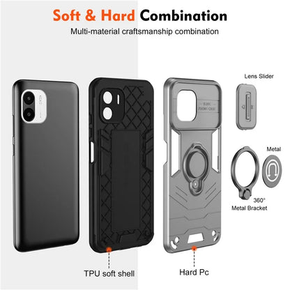 For Xiaomi Redmi A1 4G / A2 4G Case Slide Lens Lid Anti-Fall TPU+PC Phone Cover with Ring Kickstand