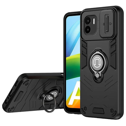 For Xiaomi Redmi A1 4G / A2 4G Case Slide Lens Lid Anti-Fall TPU+PC Phone Cover with Ring Kickstand
