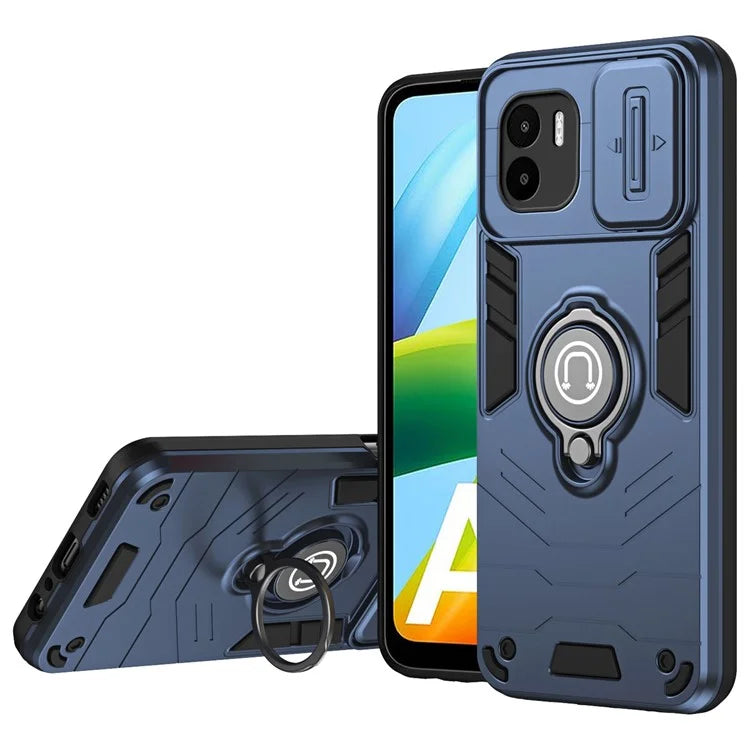 For Xiaomi Redmi A1 4G / A2 4G Case Slide Lens Lid Anti-Fall TPU+PC Phone Cover with Ring Kickstand
