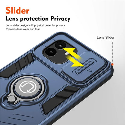 For Xiaomi Redmi A1 4G / A2 4G Case Slide Lens Lid Anti-Fall TPU+PC Phone Cover with Ring Kickstand