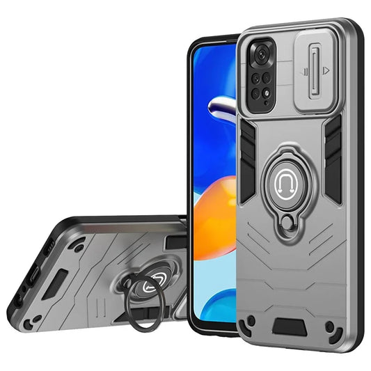 For Xiaomi Redmi Note 11S 4G / Note 11 4G (Qualcomm) Case Slide Lens Lid TPU+PC Phone Kickstand Cover