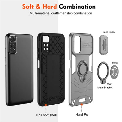 For Xiaomi Redmi Note 11S 4G / Note 11 4G (Qualcomm) Case Slide Lens Lid TPU+PC Phone Kickstand Cover