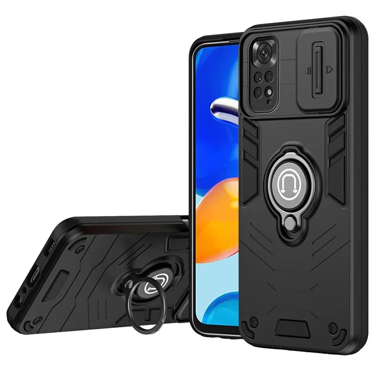 For Xiaomi Redmi Note 11S 4G / Note 11 4G (Qualcomm) Case Slide Lens Lid TPU+PC Phone Kickstand Cover