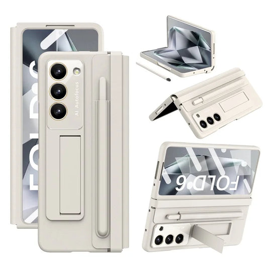 For Samsung Galaxy Z Fold6 5G Case Hinge Protection Leather Back Cover with Front Screen Film / Stylus