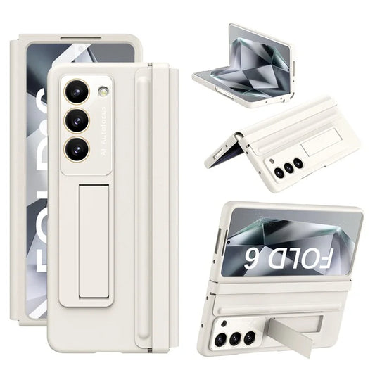 For Samsung Galaxy Z Fold6 5G Case Hinge Leather+PC Kickstand Phone Cover with Tempered Glass Film