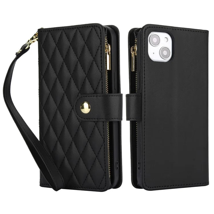 For iPhone 15 Plus Case Rhombus Zipper Leather Phone Cover with Shoulder Strap