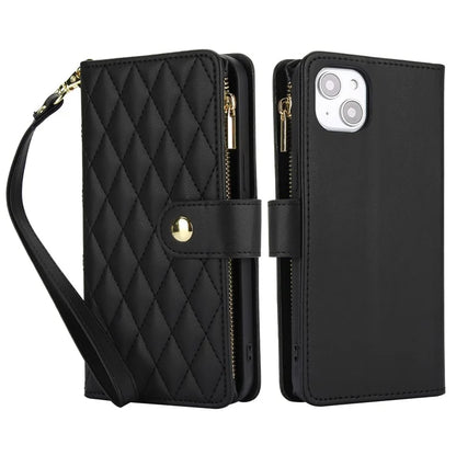 For iPhone 15 Plus Case Rhombus Zipper Leather Phone Cover with Shoulder Strap