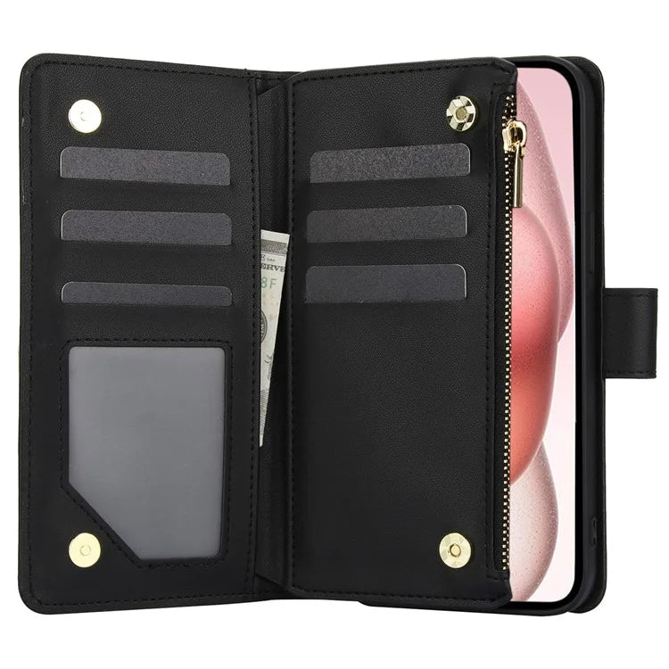 For iPhone 15 Plus Case Rhombus Zipper Leather Phone Cover with Shoulder Strap